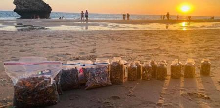 Parte de los residuos recogidos en la playa de Matalascañas, que incluye 6.000 colillas.