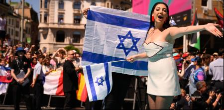 BASEL, SWITZERLAND - MAY 11: Yuval Raphael representing Israel attends the Turquoise Carpet of the 69th Eurovision Song Contest Opening Ceremony at Messe Basel on May 11, 2025 in Basel, Switzerland. (Photo by Harold Cunningham/Getty Images)