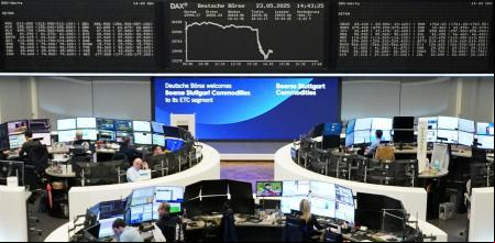 Vista de la Bolsa de Frankfurt, este viernes tras el desplome por los aranceles