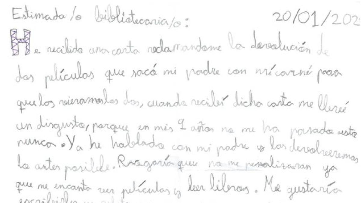 La tierna carta de disculpa de una niña de Albacete a una biblioteca por retrasarse con la devolución