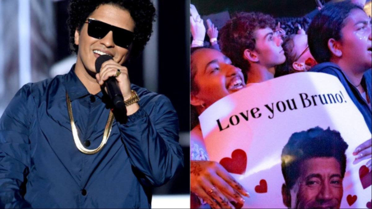 Bruno Mars muestra el surrealista póster de una fan en un concierto que le transforma en The Rock