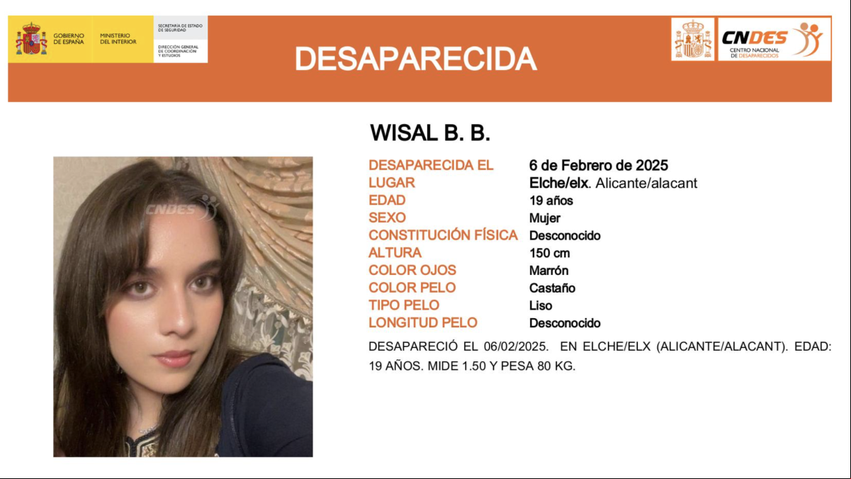 Alerta en Elche: buscan a Wisal, una joven de 19 años desaparecida desde el 6 de febrero