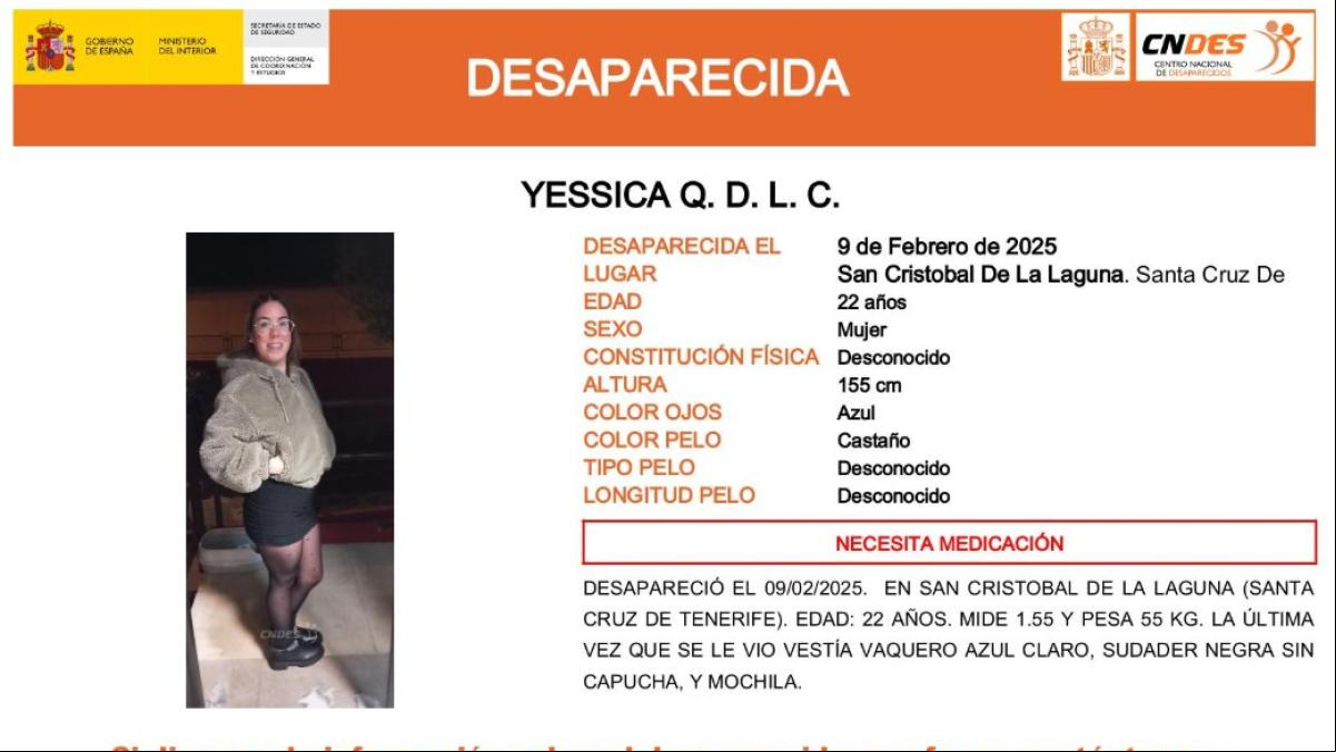 Activada una alerta para encontrar a Yessica, la joven de 22 años desaparecida en Santa Cruz de Tenerife y que necesita medicación